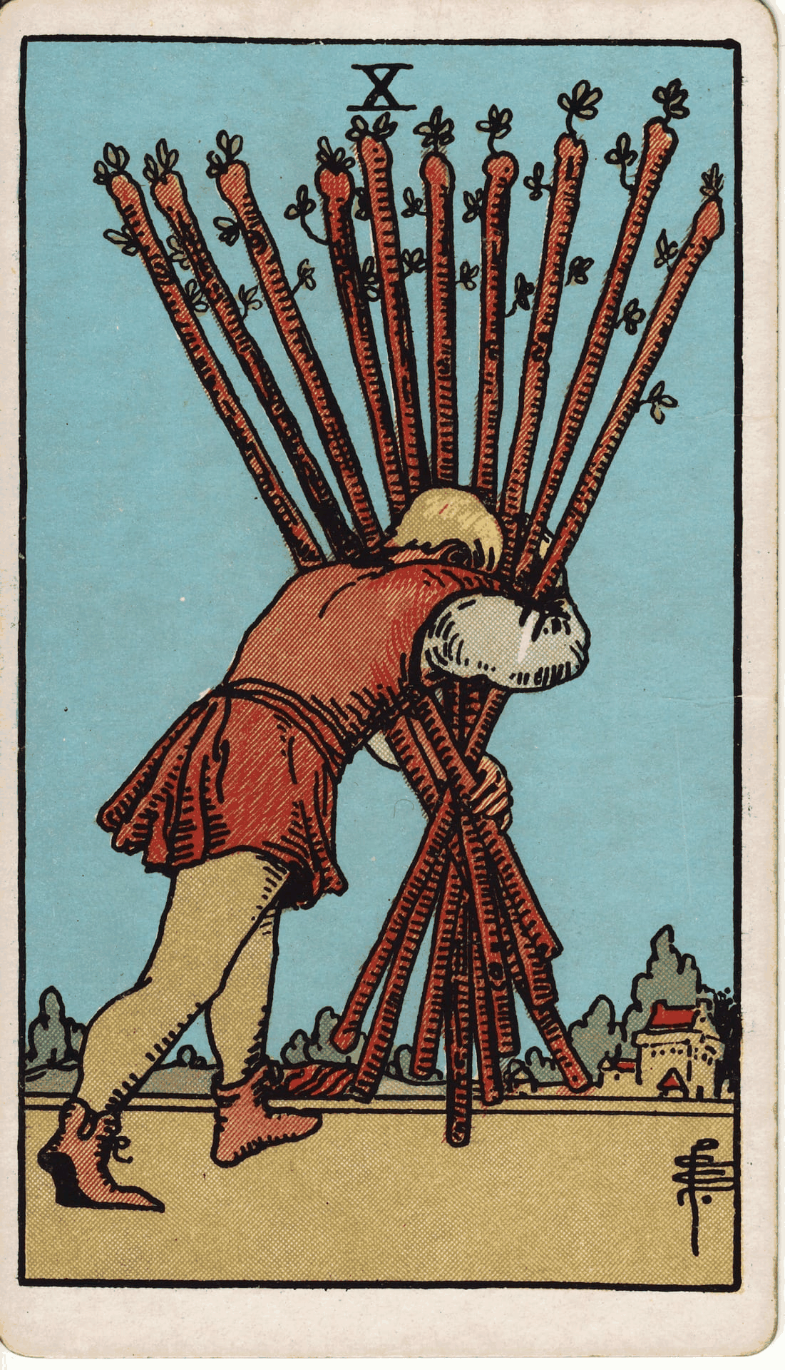 Ten of Wands tarot card reversed - representing burden relief and letting go in readings
